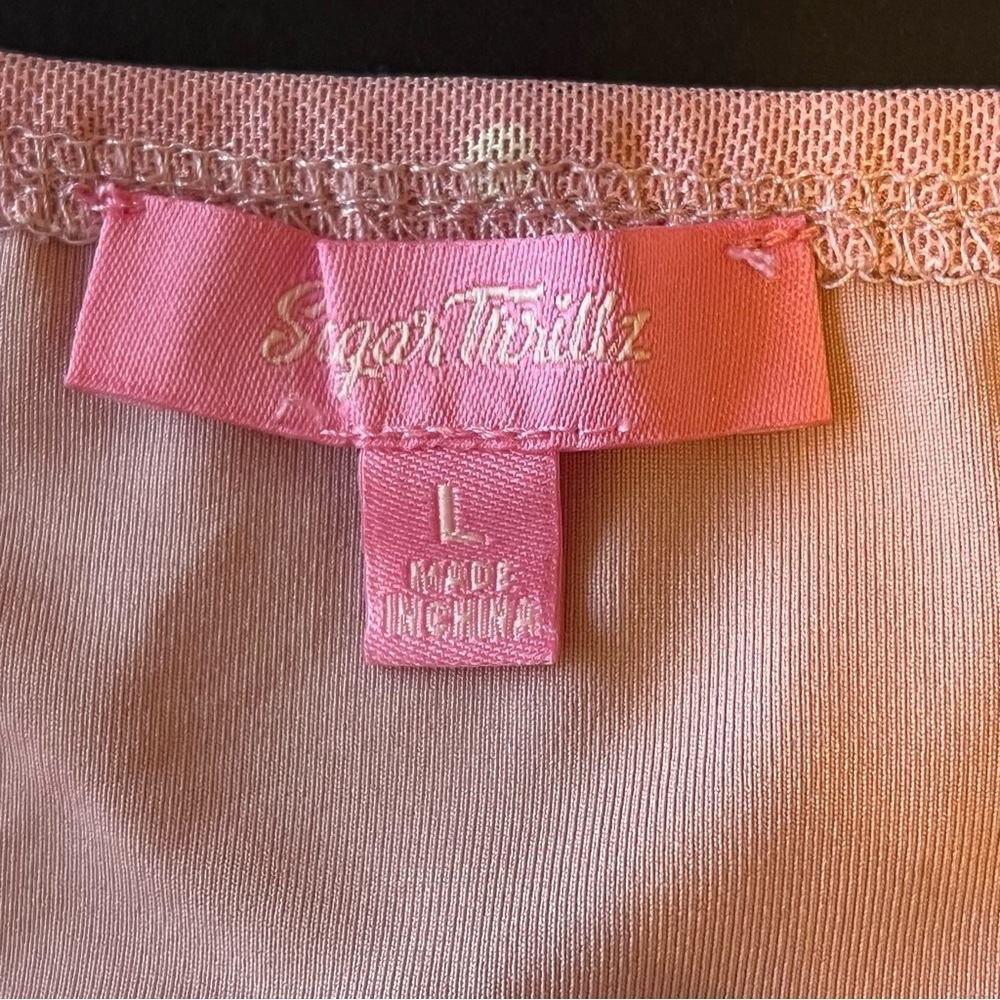 Sugar Thrillz lined mesh crop top, pink with white polka dots, puff short sleeve - Picture 11 of 13